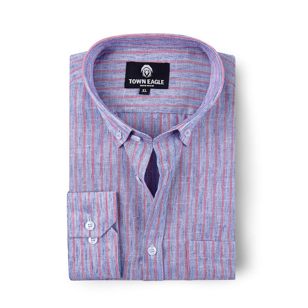 قميص رجالي كتان - مخطط زهري - QA-235